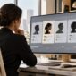Concept image of a recruiter reviewing candidate profile cards at a workstation
