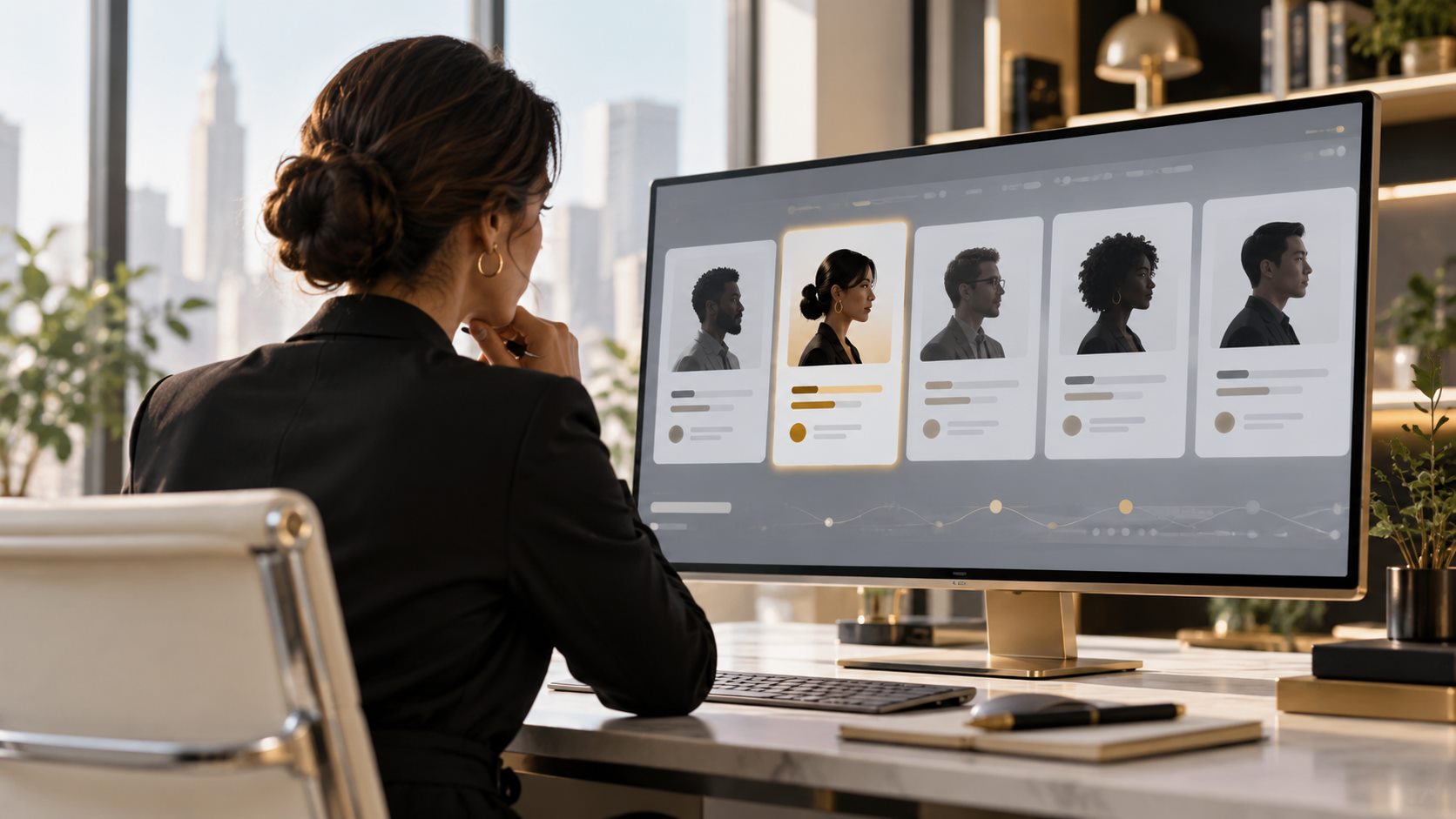 Concept image of a recruiter reviewing candidate profile cards at a workstation