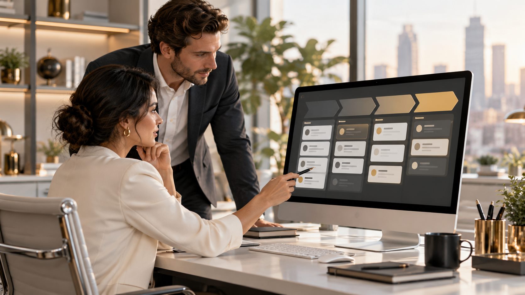 Concept image of professionals organizing customer records in a visual CRM pipeline