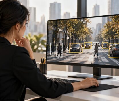 Concept image of a human annotator reviewing object bounding boxes on a street scene