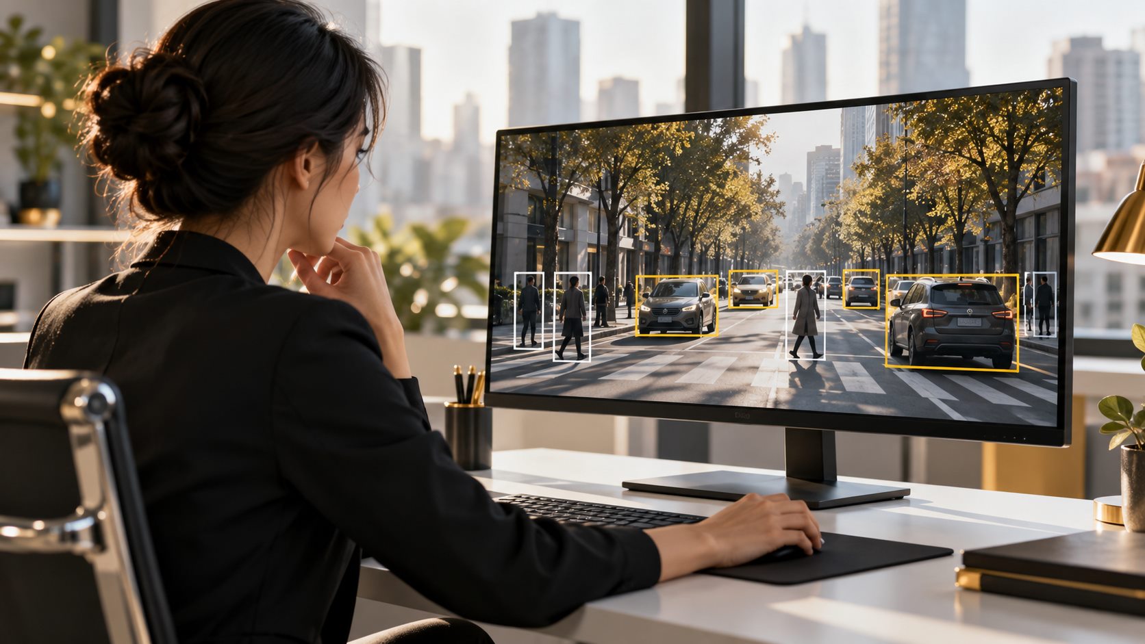 Concept image of a human annotator reviewing object bounding boxes on a street scene