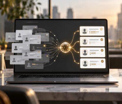 Concept image of incomplete business records becoming organized complete data cards