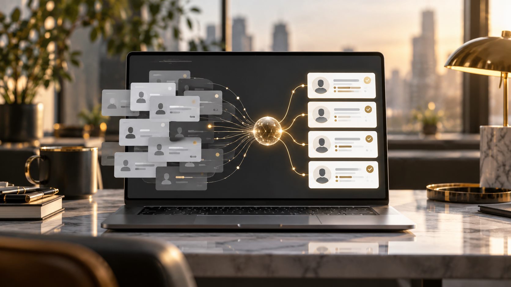 Concept image of incomplete business records becoming organized complete data cards