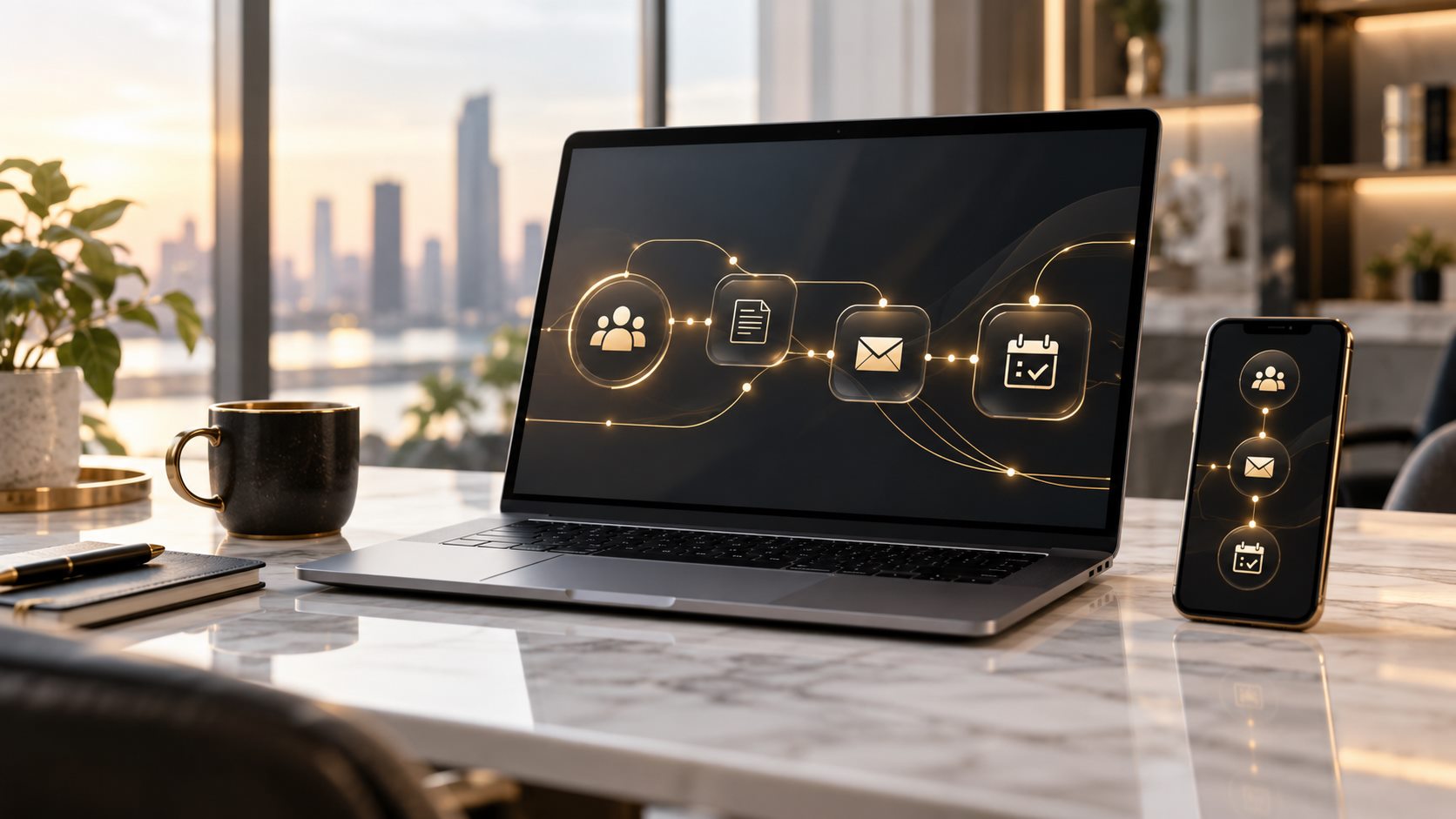 Concept image of connected business workflow nodes on a laptop beside a phone