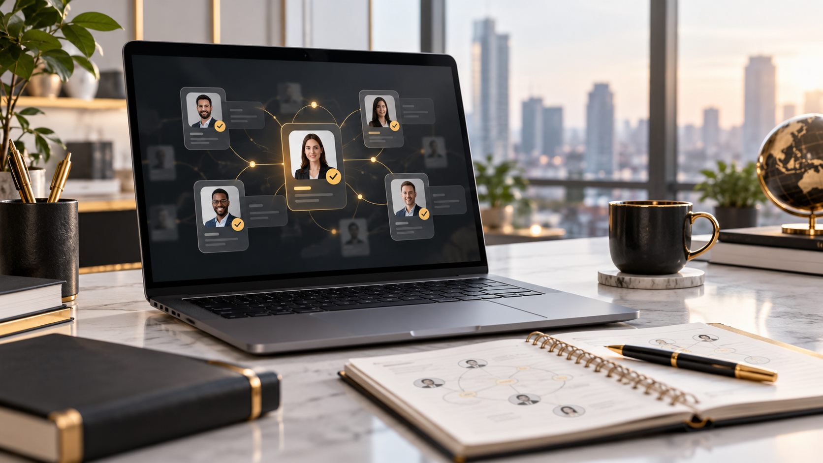 Concept image of B2B prospect research and connected lead records on a laptop
