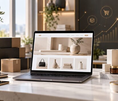Concept image of an ecommerce workstation with an online store and product packaging