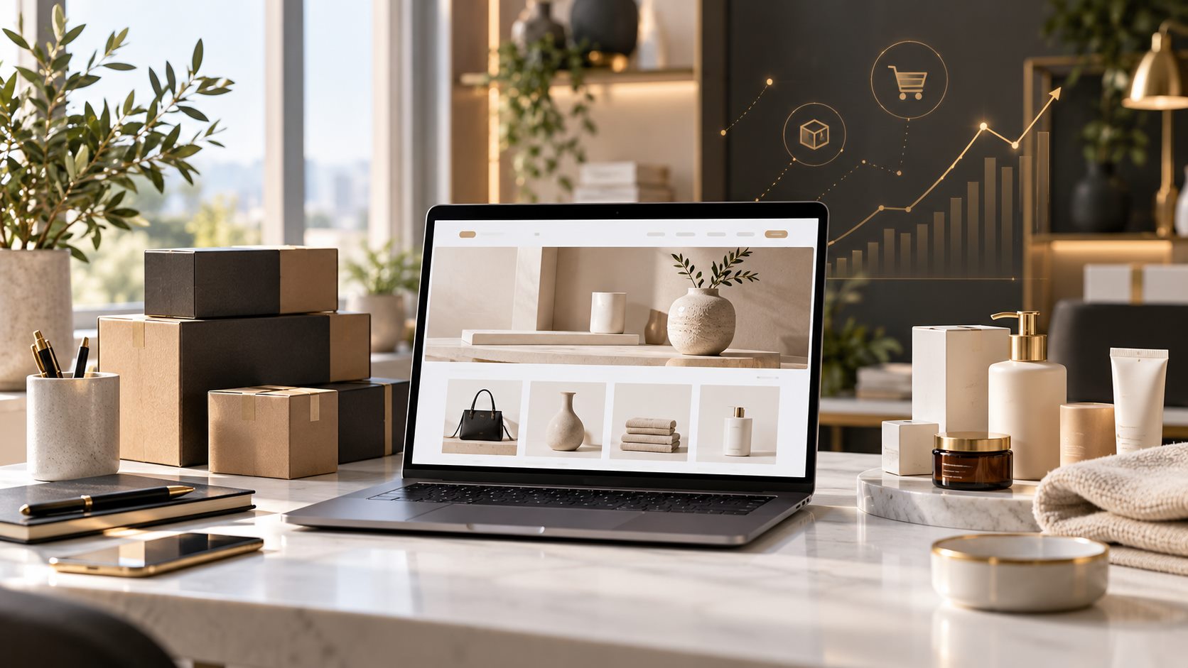 Concept image of an ecommerce workstation with an online store and product packaging